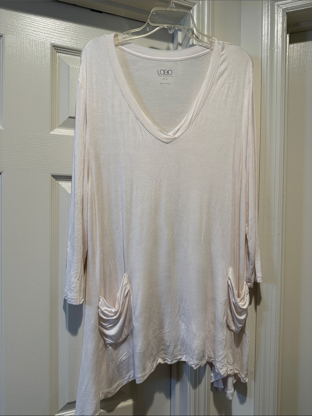 NWOT LOGO Lori Goldstein Soft Off WHT V-Neck Pocket Tunic Asymmetrical Hem XL - Picture 3 of 10